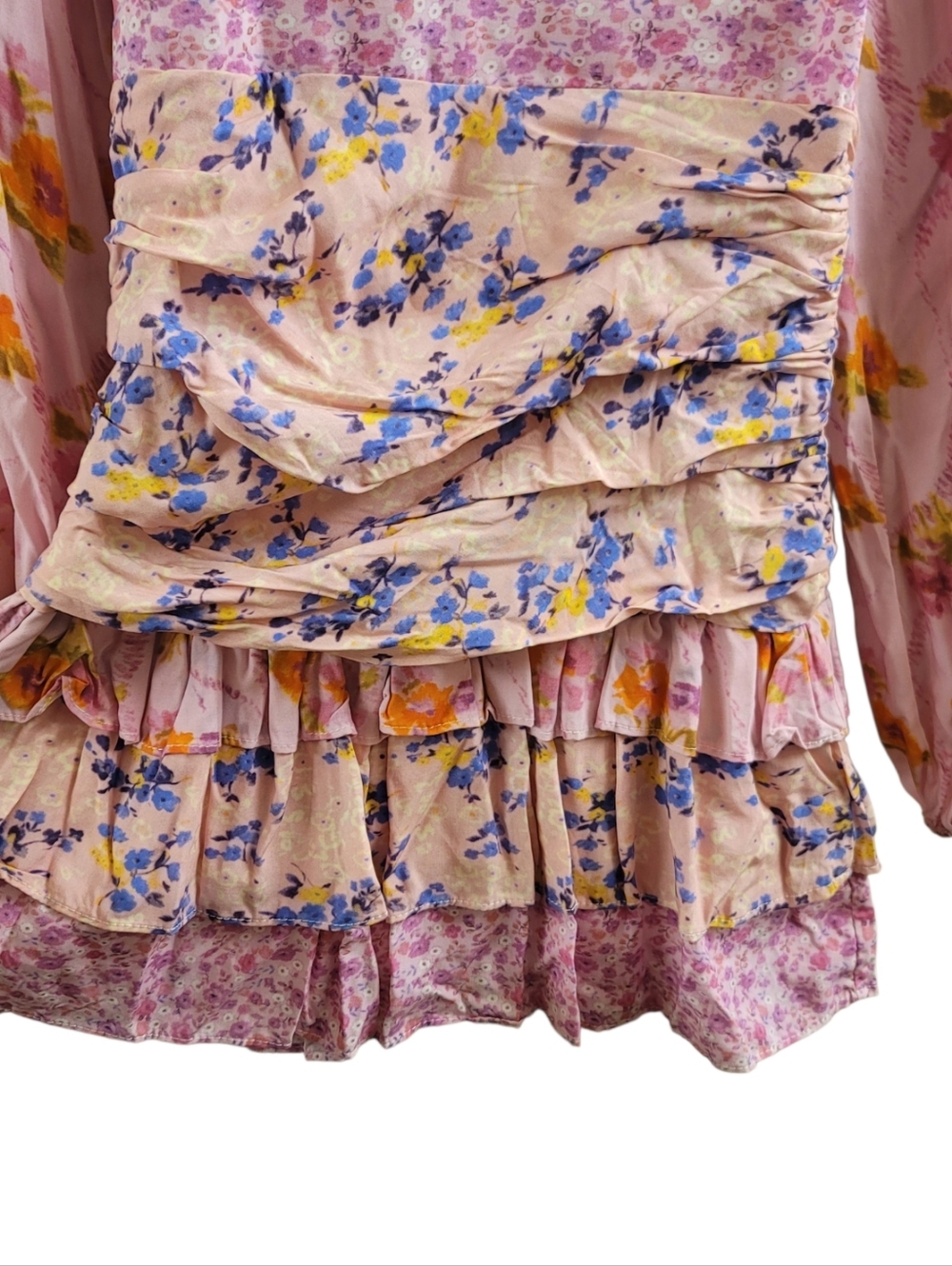 For Love Bell Pink Floral Tiered Mini Dress with Puff Sleeves - Women's Small - Picture 6 of 11